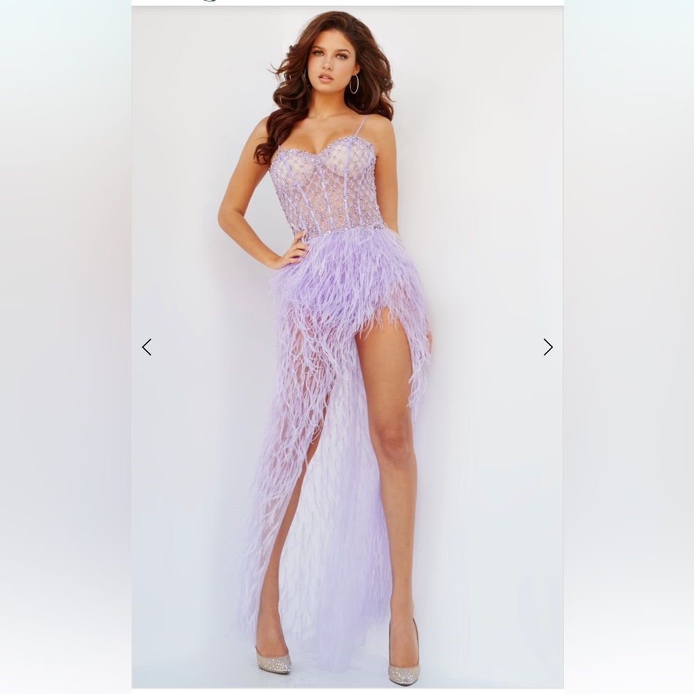 Jovani Lilac Feathered High-Slit Prom Dress